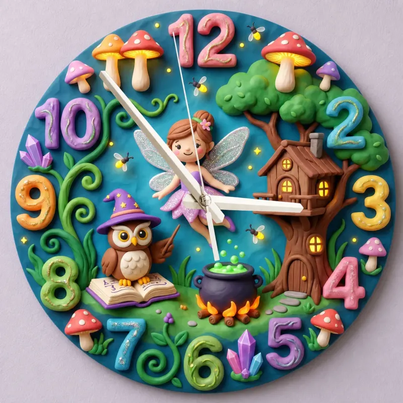 Enchanted Fairy & Wizard Owl Kids Room Wall Clock | Magical Forest Nursery Decor, Whimsical Baby Girl Bedroom Gift (13.6 inch / 34.5 cm)