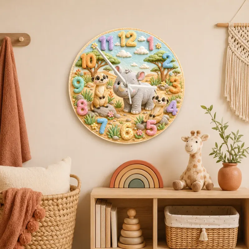 Cute Safari Rhino & Meerkat Kids Room Wall Clock | Wild Animal Nursery Decor, Baby Shower Birthday Keepsake Present (13.6 inch / 34.5 cm)