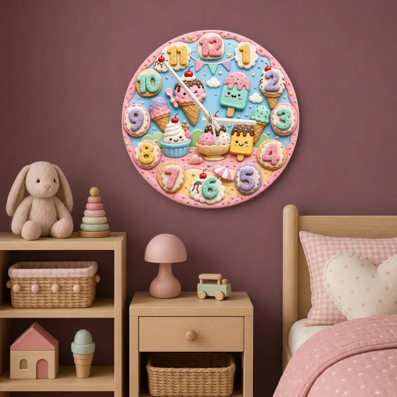 Ice Cream Sweet Treats Kids Room Wall Clock | Pastel Dessert Nursery Decor, Little Girl Birthday Gift (13.6 inch / 34.5 cm)