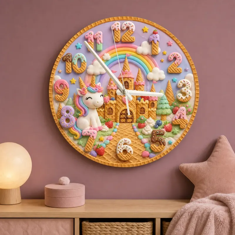Unicorn Rainbow Castle Kids Room Wall Clock | Fairytale Nursery Decor, Magical Baby Girl Birthday Gift (13.6 inch / 34.5 cm)