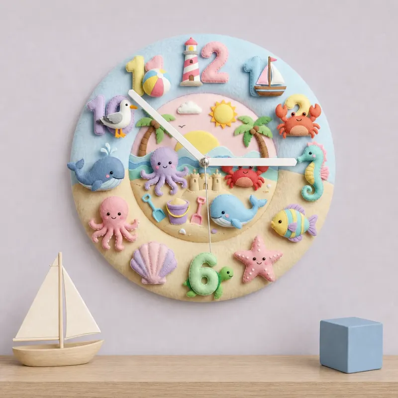 Pastel Ocean Animals Kids Room Wall Clock | Under The Sea Nursery Decor, Beach Theme Baby Shower Gift For Boy Girl (13.6 inch / 34.5 cm)