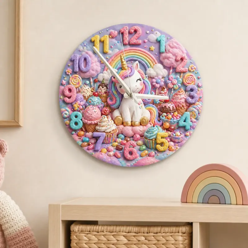 Magical Unicorn Candy Land Kids Room Wall Clock | Pastel Rainbow Nursery Art Decor, Sweet Little Girl Birthday Gift (13.6 inch / 34.5 cm)