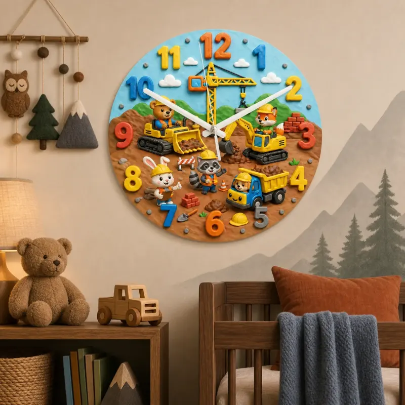 Construction Animals Kids Room Wall Clock | Little Builder Nursery Decor, Baby Boy Bedroom Makeover Birthday Gift (13.6 inch / 34.5 cm)