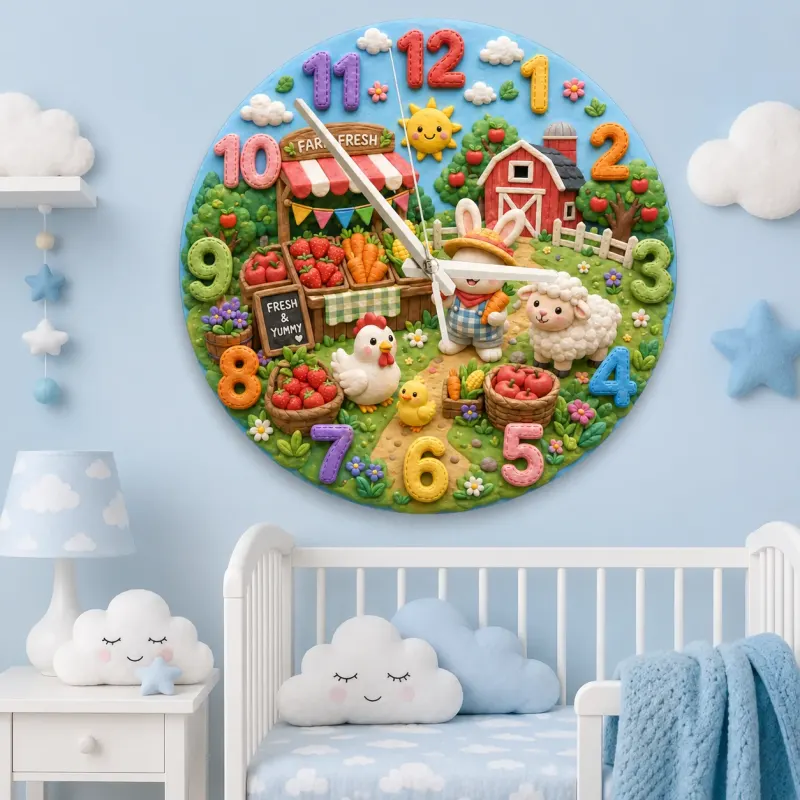 Farm Animals Kids Room Wall Clock | Bunny Farmer Nursery Decor, Baby Shower Birthday Gift Keepsake Toddler Room Art (13.6 inch / 34.5 cm)