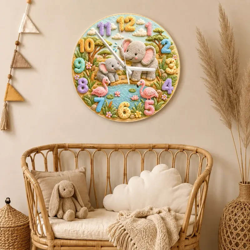 Safari Elephant & Flamingo Kids Room Wall Clock | Pastel Jungle Animal Nursery Decor, Beautiful Baby Shower Keepsake (13.6 inch / 34.5 cm)