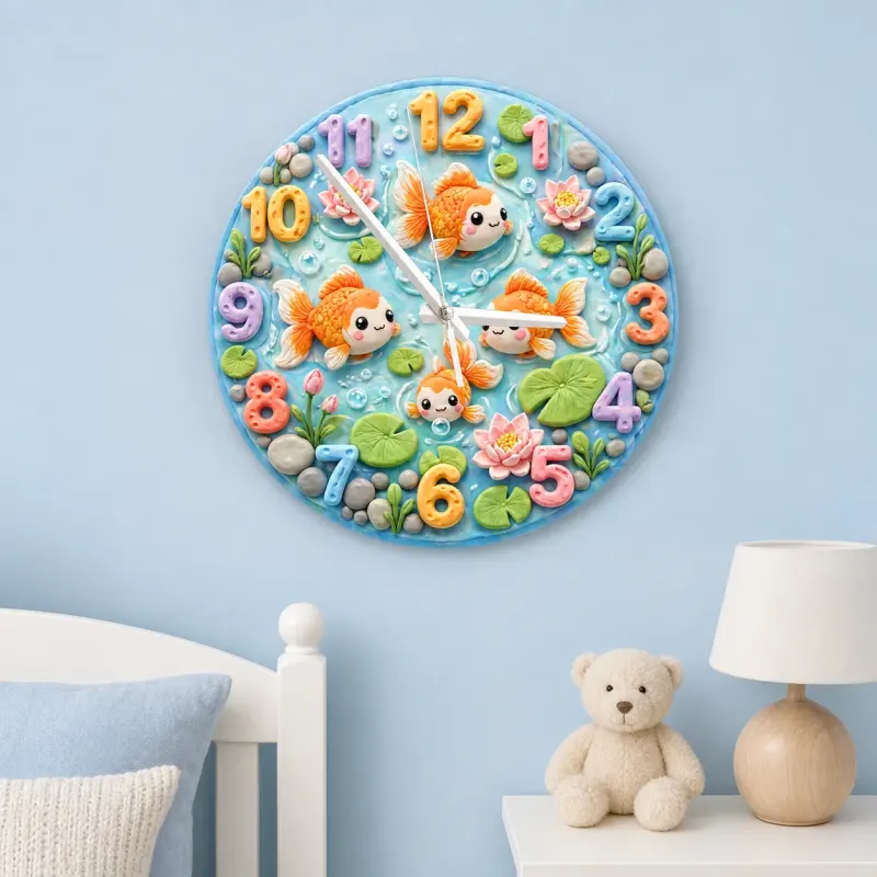 Whimsical Goldfish Pond Kids Room Wall Clock | Pastel Lotus Flower Nursery Home Decor, Sweet Newborn Baby Shower Gift (13.6 inch / 34.5 cm)