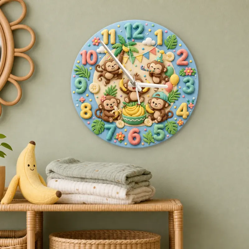Playful Jungle Monkey Kids Room Wall Clock | Safari Nursery Decor, Cute Tropical Baby Shower Gift For Boys & Girls (13.6 inch / 34.5 cm)