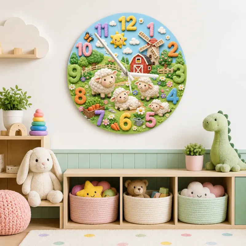 Farm Animal Sheep Kids Room Wall Clock | Whimsical Barnyard Nursery Decor, Baby Shower Gift For Boy Or Girl Room Art (13.6 inch / 34.5 cm)