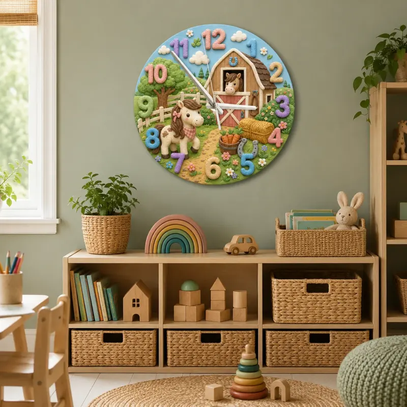 Cute Pony and Farm Barn Kids Room Wall Clock | Rustic Animal Nursery Decor, Baby Shower Gift for a Little Girls Room (13.6 inch / 34.5 cm)