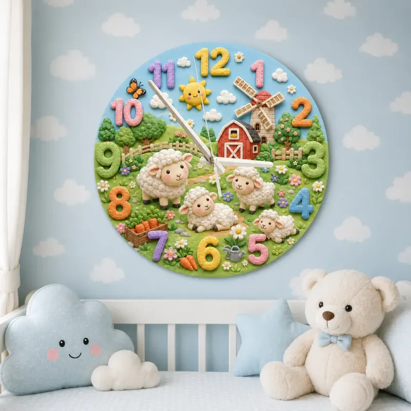 Farm Animal Sheep Kids Room Wall Clock | Whimsical Barnyard Nursery Decor, Baby Shower Gift For Boy Or Girl Room Art (13.6 inch / 34.5 cm)