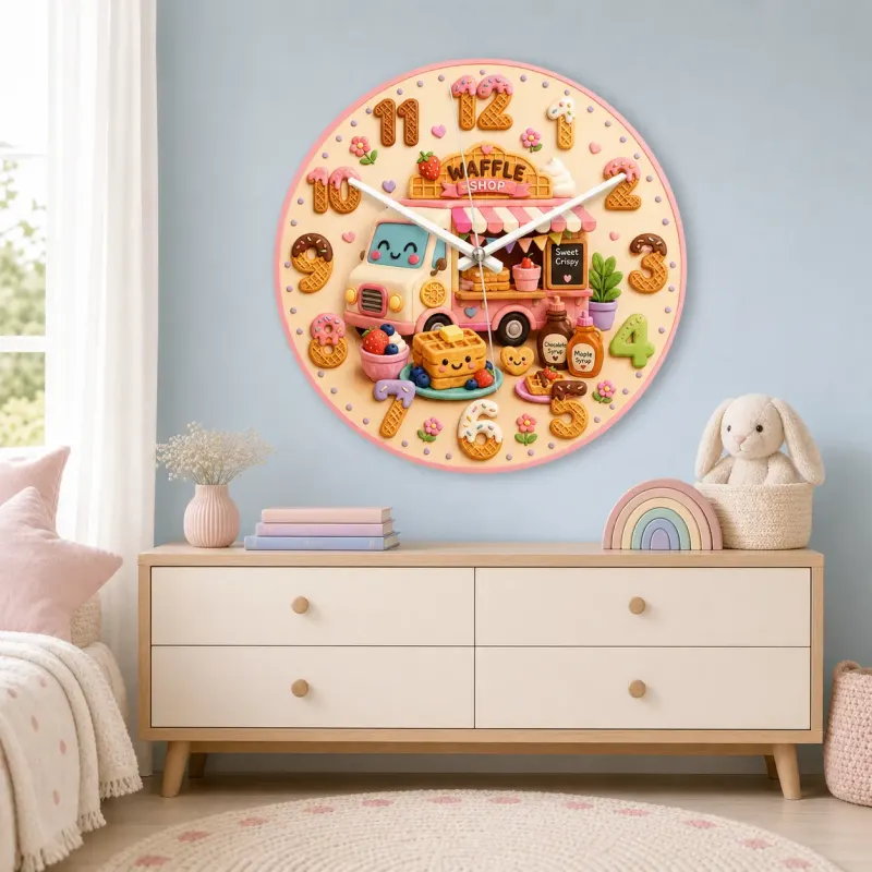 Waffle Shop Food Truck Kids Room Wall Clock | Sweet Bakery Nursery Decor, Cute Birthday Gift For Girls (13.6 inch / 34.5 cm)