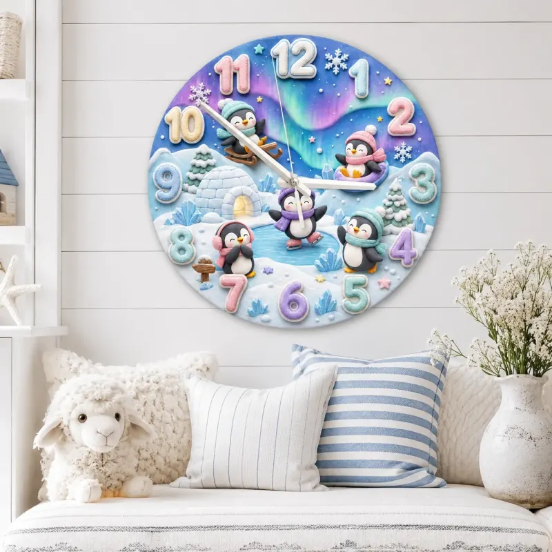 Whimsical Winter Wonderland Penguin Kids Room Wall Clock | Aurora Sky Nursery Decor, Beautiful Baby Shower Keepsake (13.6 inch / 34.5 cm)