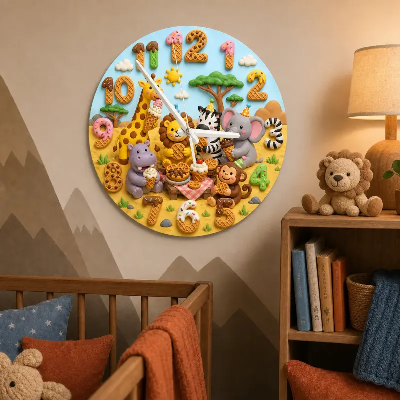 Safari Animals Waffle Kids Room Wall Clock | Jungle Nursery Decor, Baby Shower Gift For Boys Girls (13.6 inch / 34.5 cm)