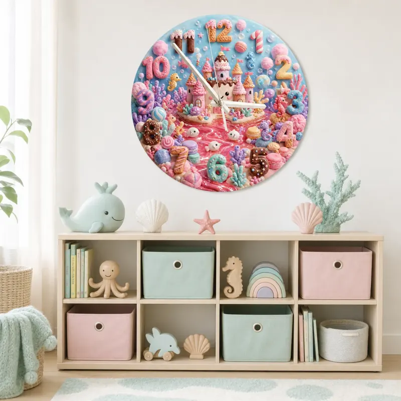 Pastel Candy Castle Kids Room Wall Clock | Sweet Ocean Fantasy Nursery Wall Decor, Little Girl Bedroom Birthday Gift (13.6 inch / 34.5 cm)