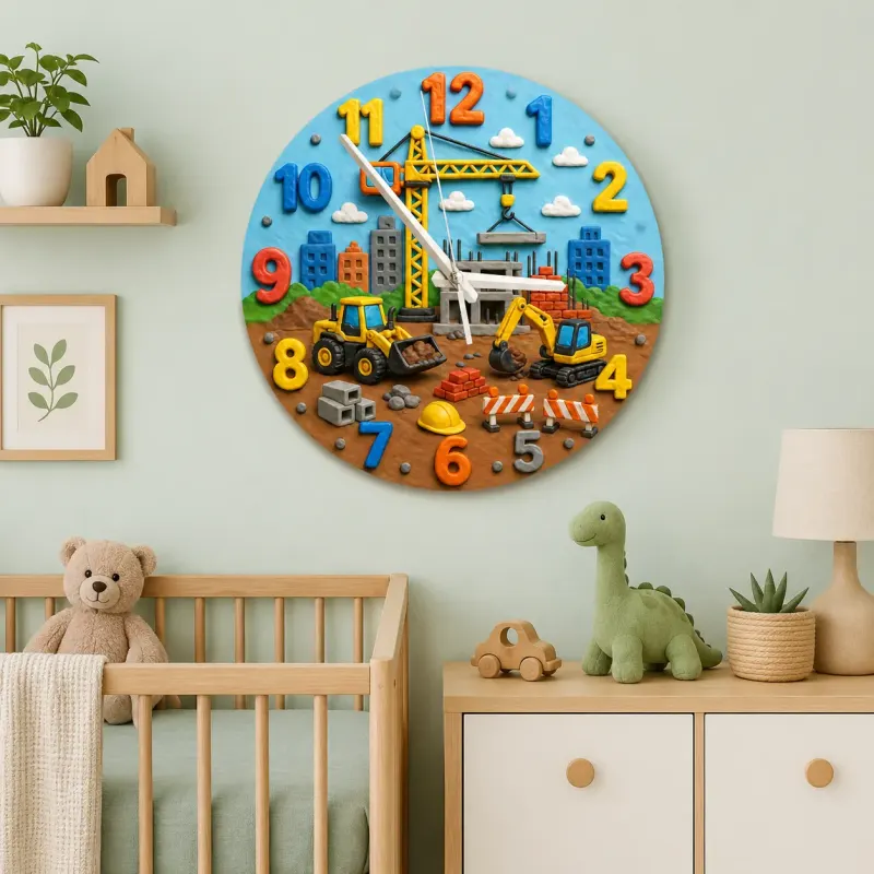Construction Site Vehicles Kids Room Wall Clock | Boys Nursery Decor, Playroom Wall Art, Perfect Toddler Boy Gift Idea (13.6 inch / 34.5 cm)