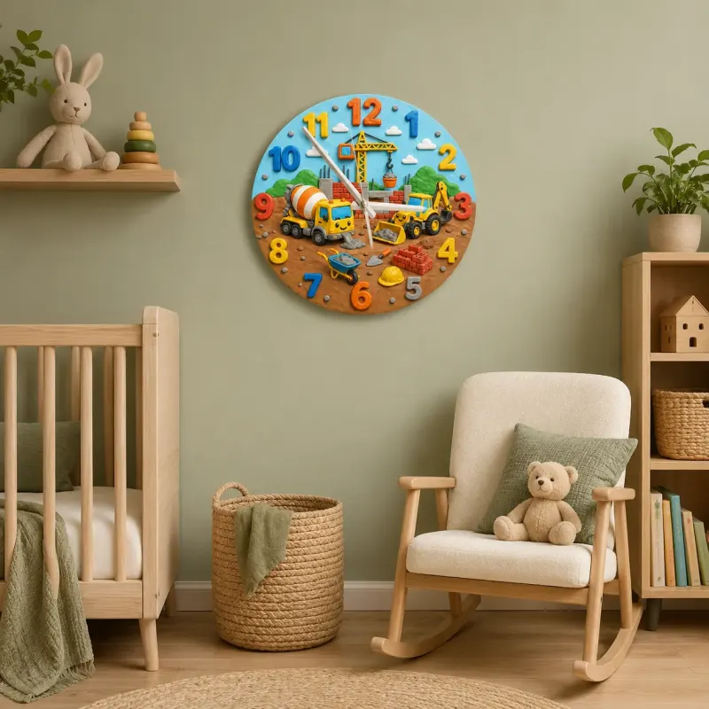 Construction Trucks Kids Room Wall Clock | Digger And Excavator Nursery Decor, Toddler Boy Playroom Birthday Present (13.6 inch / 34.5 cm)
