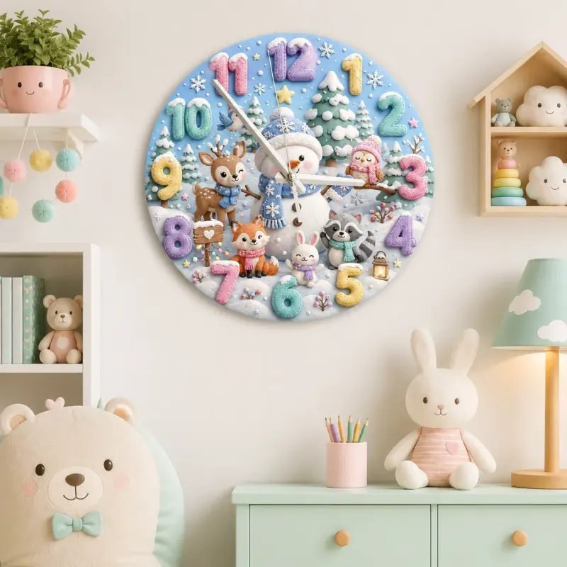 Winter Snowman & Woodland Animals Kids Room Wall Clock | Pastel Nursery Decor, Sweet Baby Shower Gift For Little Ones (13.6 inch / 34.5 cm)