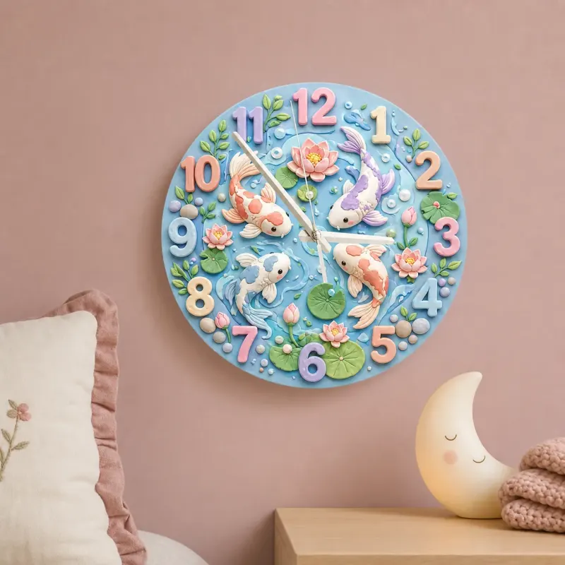Pastel Koi Fish Pond Kids Room Wall Clock | Whimsical Lotus Flower Nursery Decor, Beautiful Baby Shower Gift Keepsake (13.6 inch / 34.5 cm)