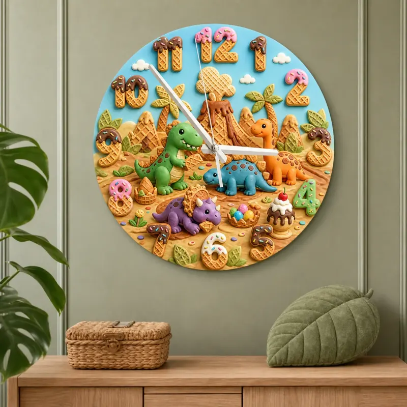 Dinosaur Ice Cream Kids Room Wall Clock | Volcano Nursery Decor, Little Boy Birthday Gift Keepsake (13.6 inch / 34.5 cm)