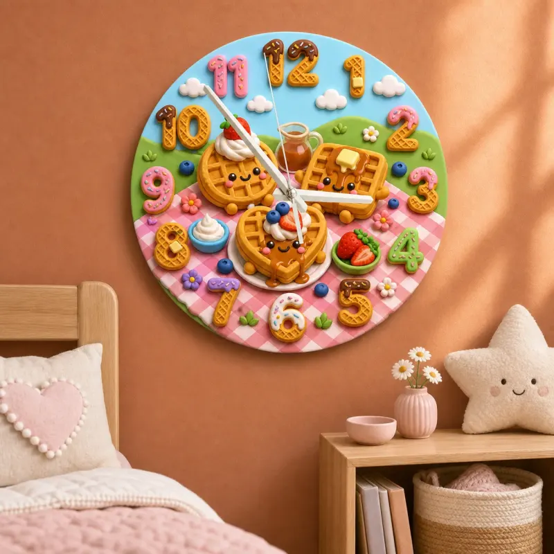 Waffle Breakfast Kids Room Wall Clock | Sweet Picnic Nursery Decor, Cute Playroom Birthday Gift (13.6 inch / 34.5 cm)
