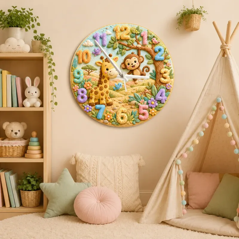 Jungle Safari Giraffe & Monkey Kids Room Wall Clock | Whimsical Animal Nursery Decor, Sweet Playroom Wall Art Gift (13.6 inch / 34.5 cm)