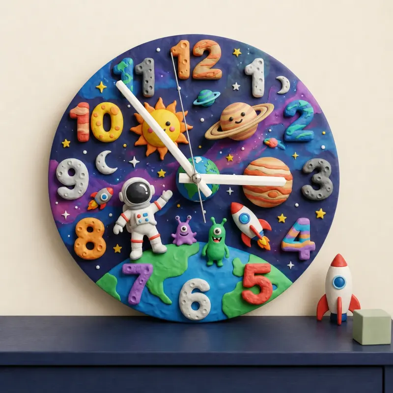 Outer Space Astronaut Kids Room Wall Clock | Cute Planets Baby Boy Nursery Decor, Toddler Bedroom Birthday Keepsake (13.6 inch / 34.5 cm)