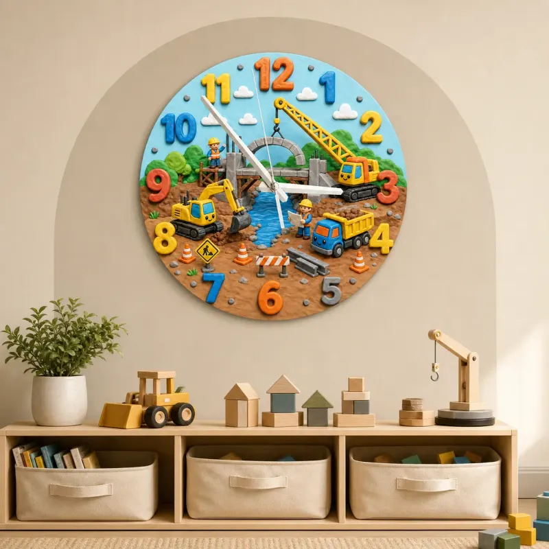 Construction Trucks Kids Room Wall Clock | Excavator Nursery Decor, Little Builder Boy Bedroom Playroom Art Keepsake (13.6 inch / 34.5 cm)