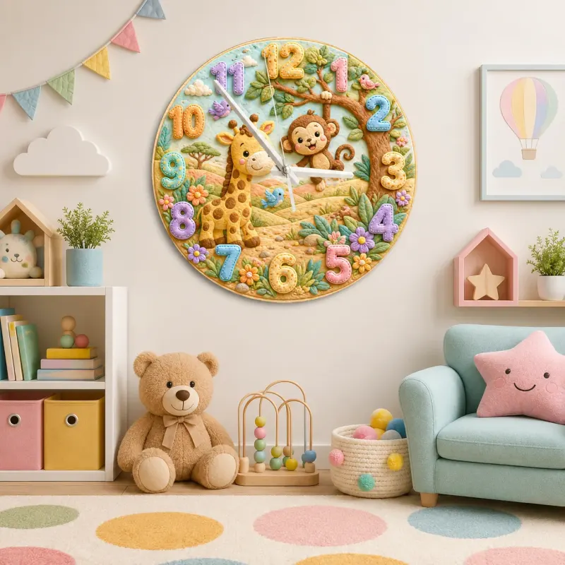 Jungle Safari Giraffe & Monkey Kids Room Wall Clock | Whimsical Animal Nursery Decor, Sweet Playroom Wall Art Gift (13.6 inch / 34.5 cm)
