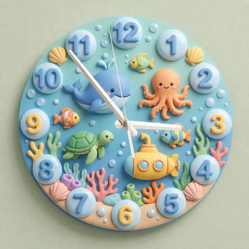 Cute Under The Sea Ocean Animals Kids Room Wall Clock | Marine Life Nursery Decor, Baby Boy Room Birthday Present (13.6 inch / 34.5 cm)