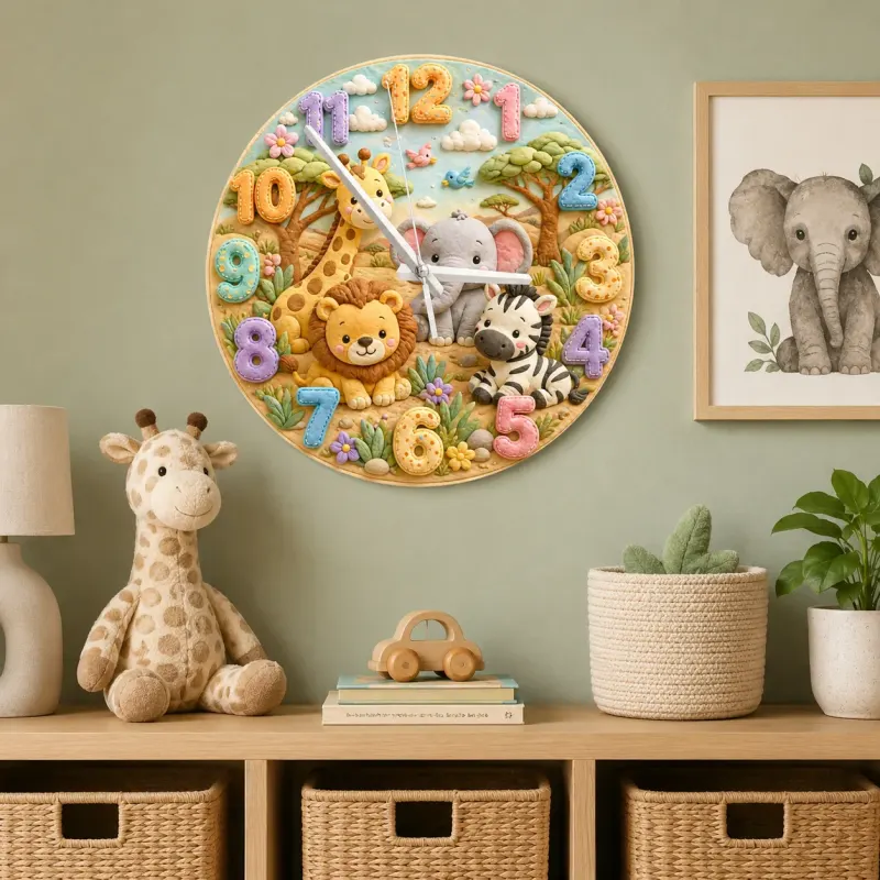 Safari Jungle Animals Kids Room Wall Clock | Cute Lion Elephant Nursery Decor, Playroom Baby Shower Boy Girl Gift (13.6 inch / 34.5 cm)