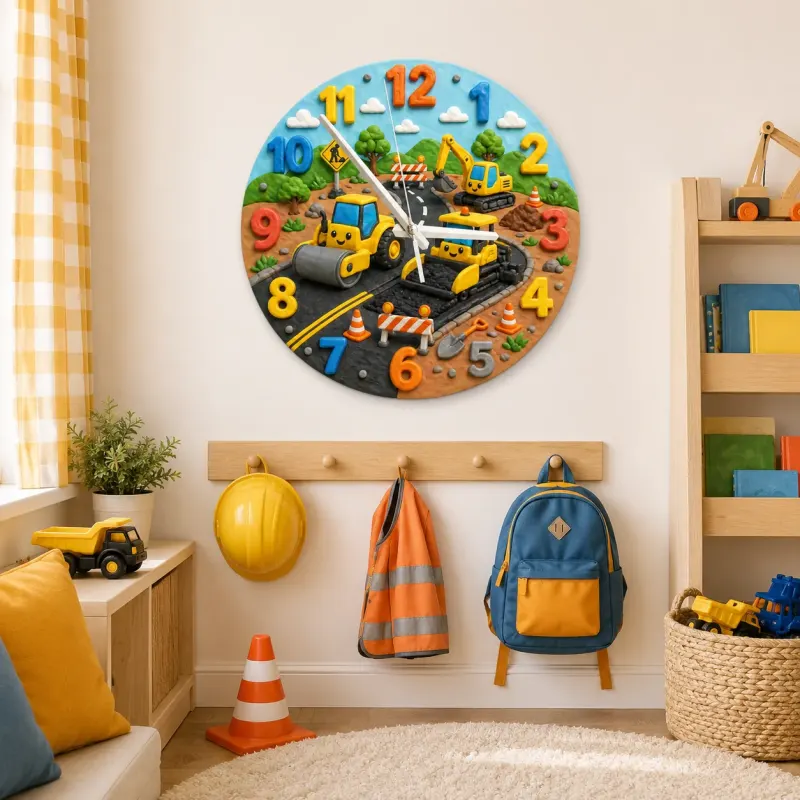 Construction Vehicles Kids Room Wall Clock | Yellow Excavator Nursery Decor, Toddler Boy Bedroom Birthday Keepsake (13.6 inch / 34.5 cm)