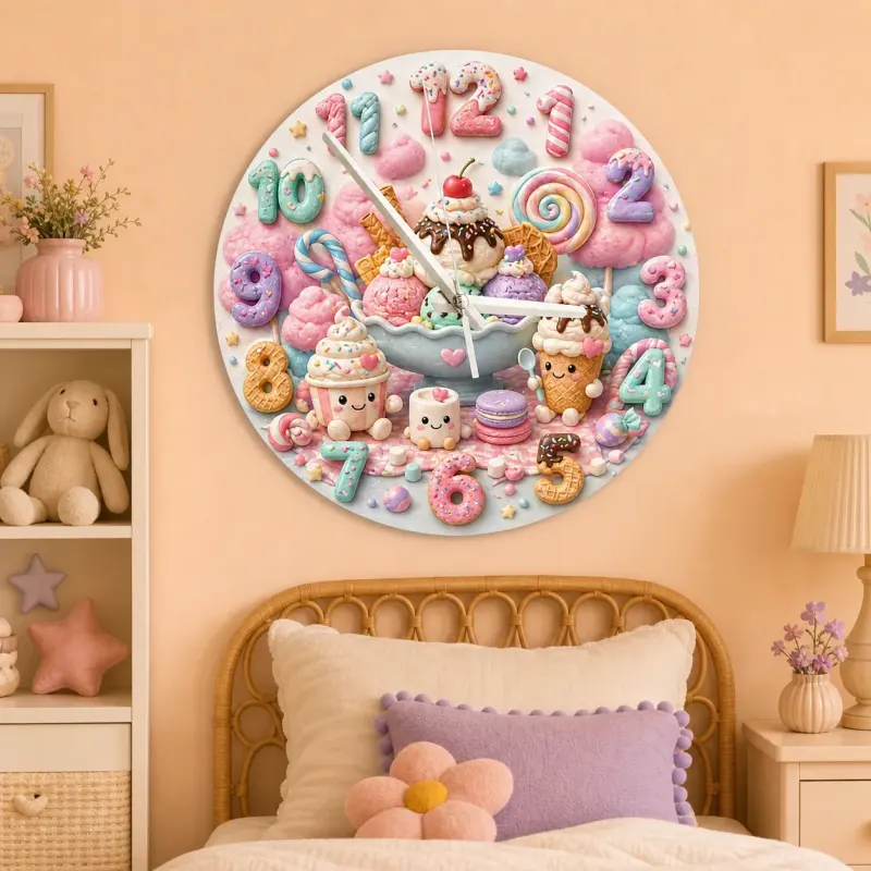 Pastel Candyland Kids Room Wall Clock | Sweet Treats Nursery Decor, Kawaii Ice Cream Girls Playroom Wall Decor Gift (13.6 inch / 34.5 cm)