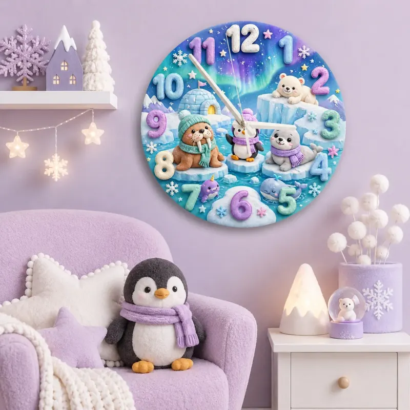 Cute Arctic Animals Kids Room Wall Clock | Northern Lights Nursery Decor, Polar Bear & Penguin Baby Shower Gift Idea (13.6 inch / 34.5 cm)