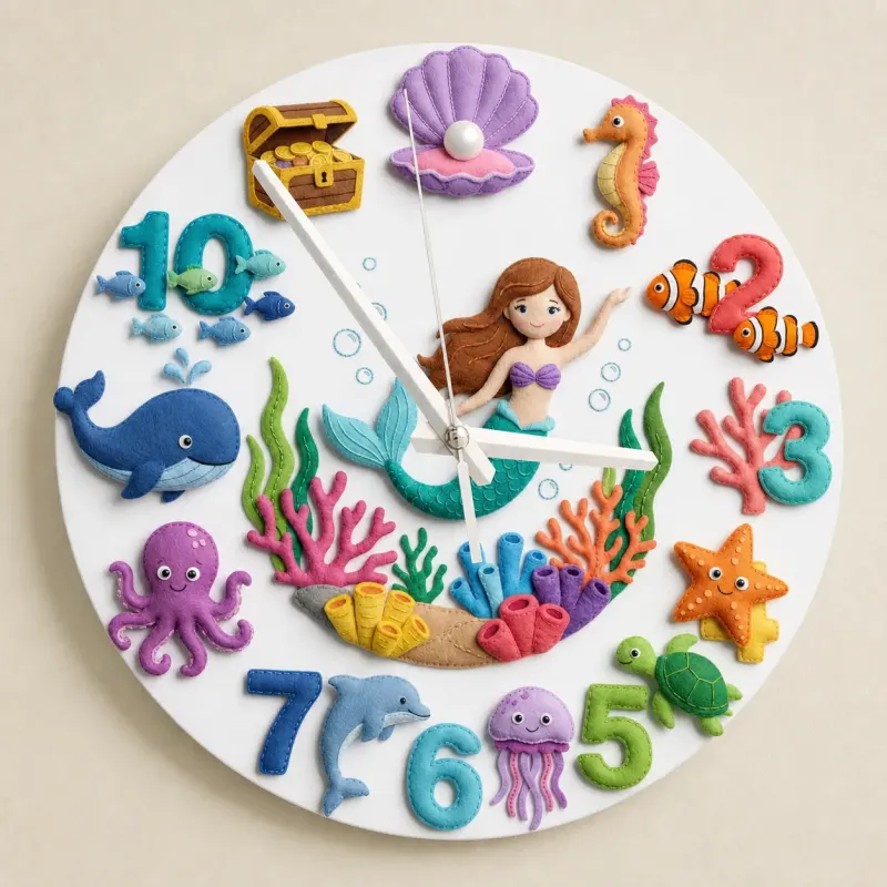 Mermaid Under The Sea Kids Room Wall Clock | Cute Ocean Marine Life Nursery Decor, Baby Girl Room Birthday Gift Idea (13.6 inch / 34.5 cm)