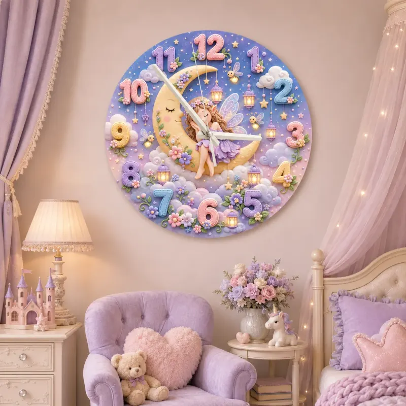 Sleeping Fairy Moon Kids Room Wall Clock | Magical Pastel Cloud Nursery Decor, Baby Girl Room Birthday Keepsake Gift (13.6 inch / 34.5 cm)