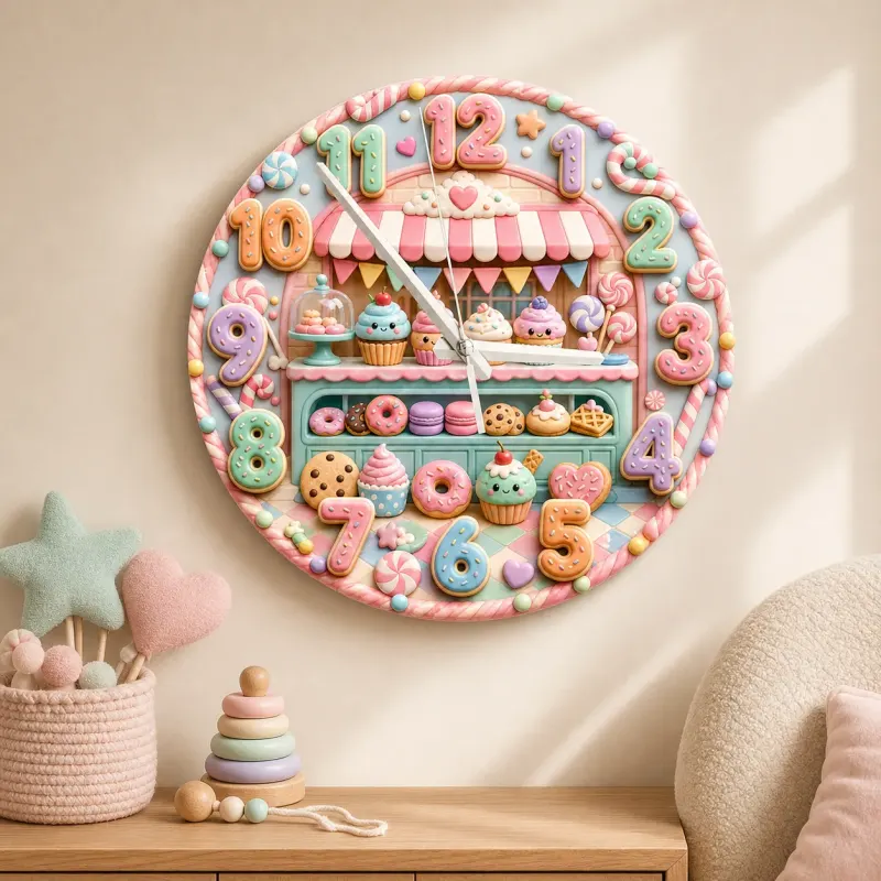 Pastel Bakery Dessert Kids Room Wall Clock | Sweet Shop Nursery Decor, Cute Birthday Gift For Girls (13.6 inch / 34.5 cm)
