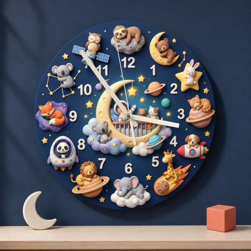 Space Animals & Planets Kids Room Wall Clock | Whimsical Night Sky Nursery Decor, Baby Shower And Birthday Present (13.6 inch / 34.5 cm)