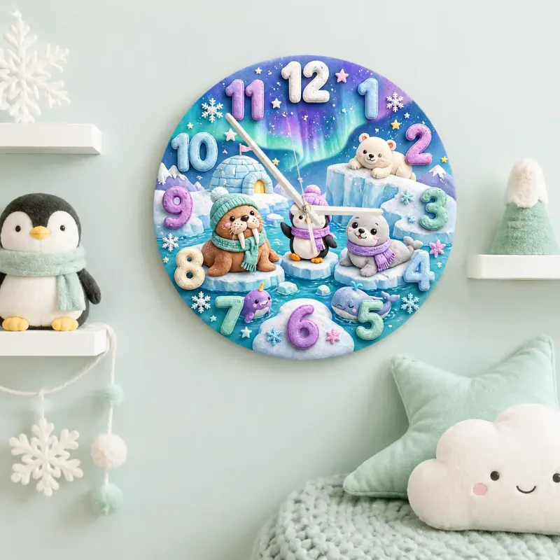 Cute Arctic Animals Kids Room Wall Clock | Northern Lights Nursery Decor, Polar Bear & Penguin Baby Shower Gift Idea (13.6 inch / 34.5 cm)