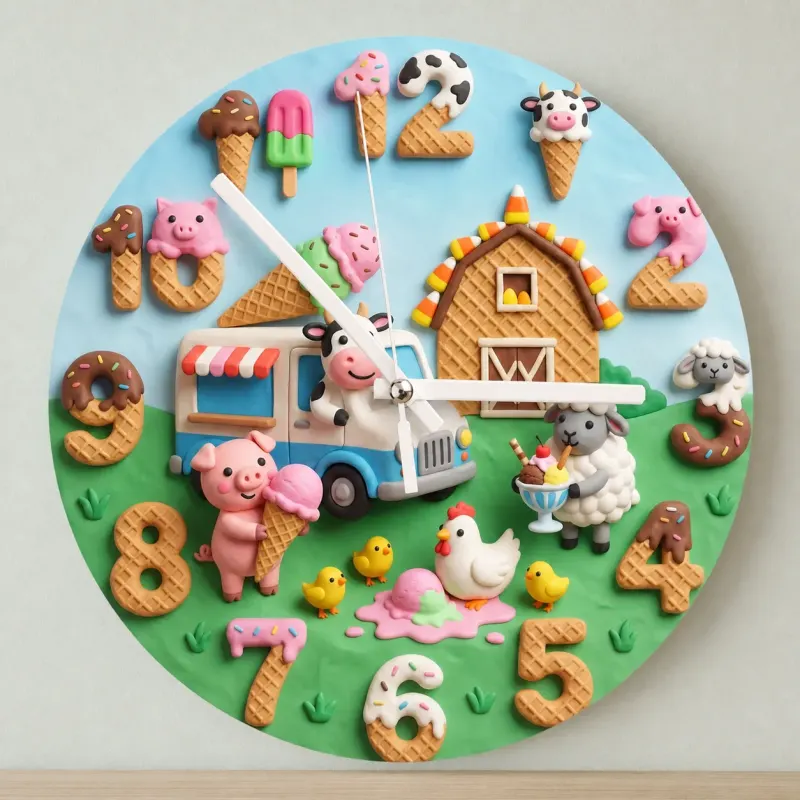Sweet Ice Cream Farm Animals Kids Room Wall Clock | Playful Nursery Decor, Whimsical Baby Shower Birthday Gift Idea (13.6 inch / 34.5 cm)