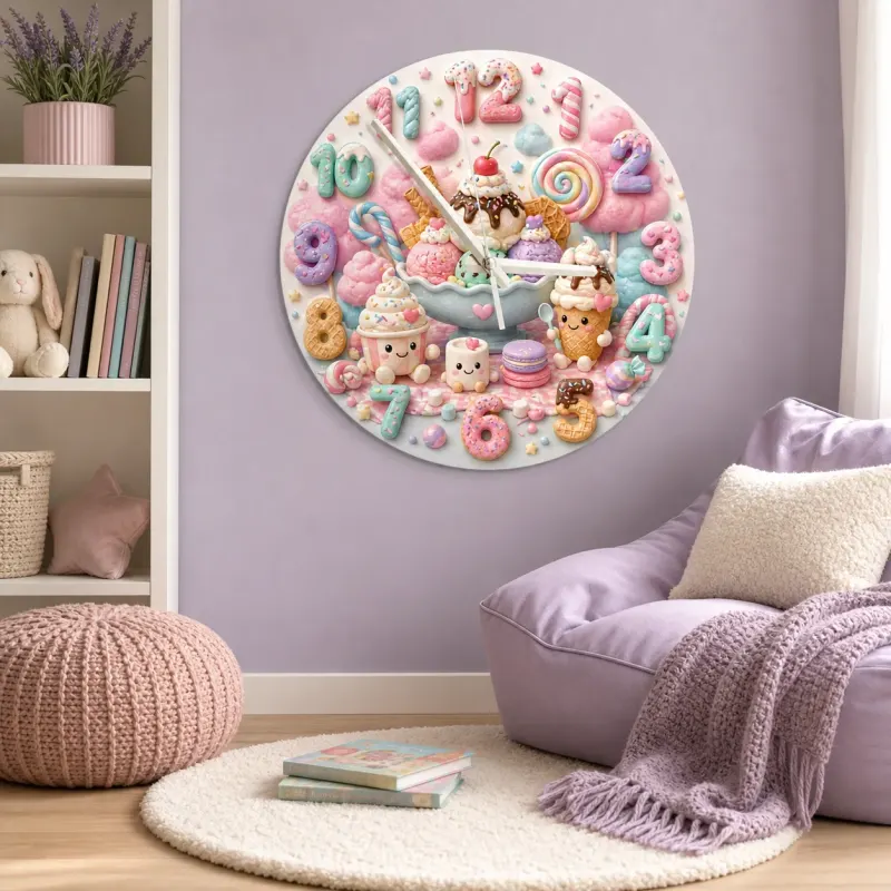 Pastel Candyland Kids Room Wall Clock | Sweet Treats Nursery Decor, Kawaii Ice Cream Girls Playroom Wall Decor Gift (13.6 inch / 34.5 cm)