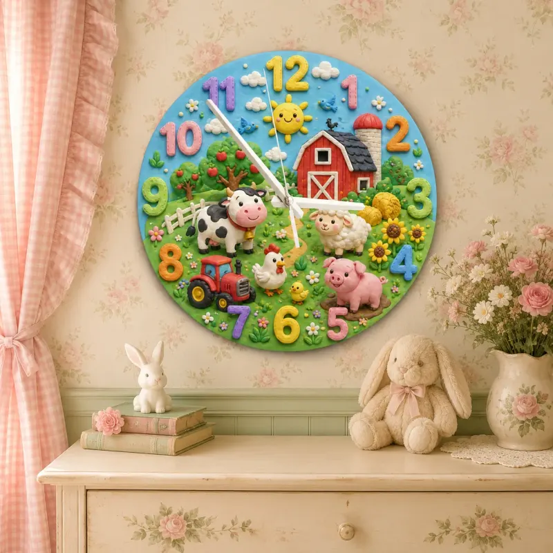 Farm Animals Barnyard Kids Room Wall Clock | Red Tractor Nursery Decor, Baby Boy Shower Gift & Playroom Keepsake Art (13.6 inch / 34.5 cm)