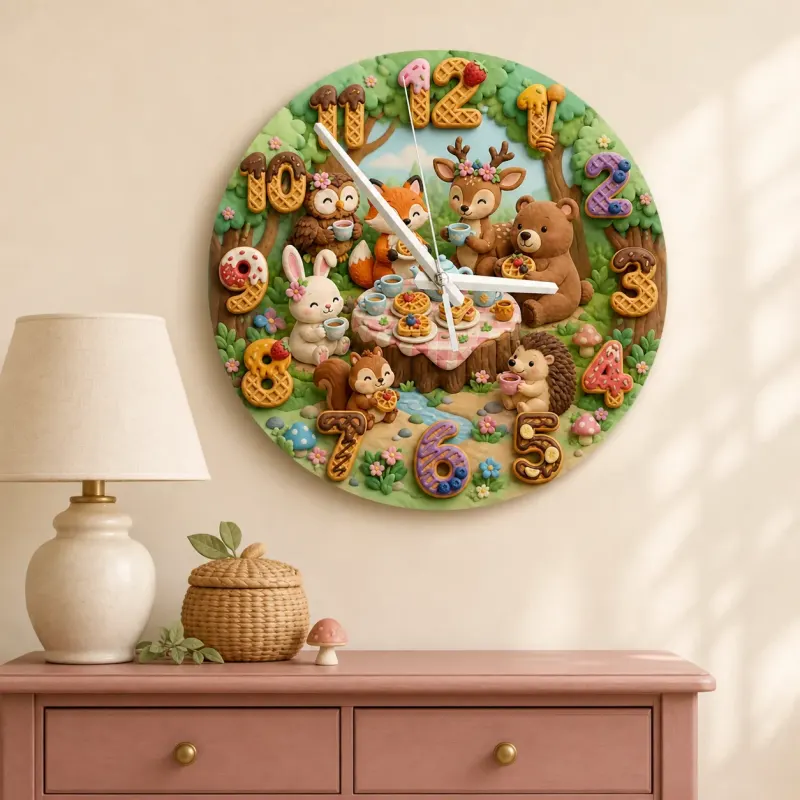 Woodland Animal Tea Party Kids Room Wall Clock | Forest Nursery Decor, Baby Shower Birthday Gift Keepsake (13.6 inch / 34.5 cm)