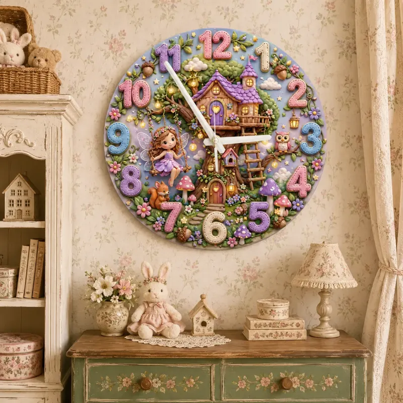Enchanted Fairy Treehouse Kids Room Wall Clock | Magical Woodland Nursery Decor, Little Girl Birthday Keepsake Gift (13.6 inch / 34.5 cm)