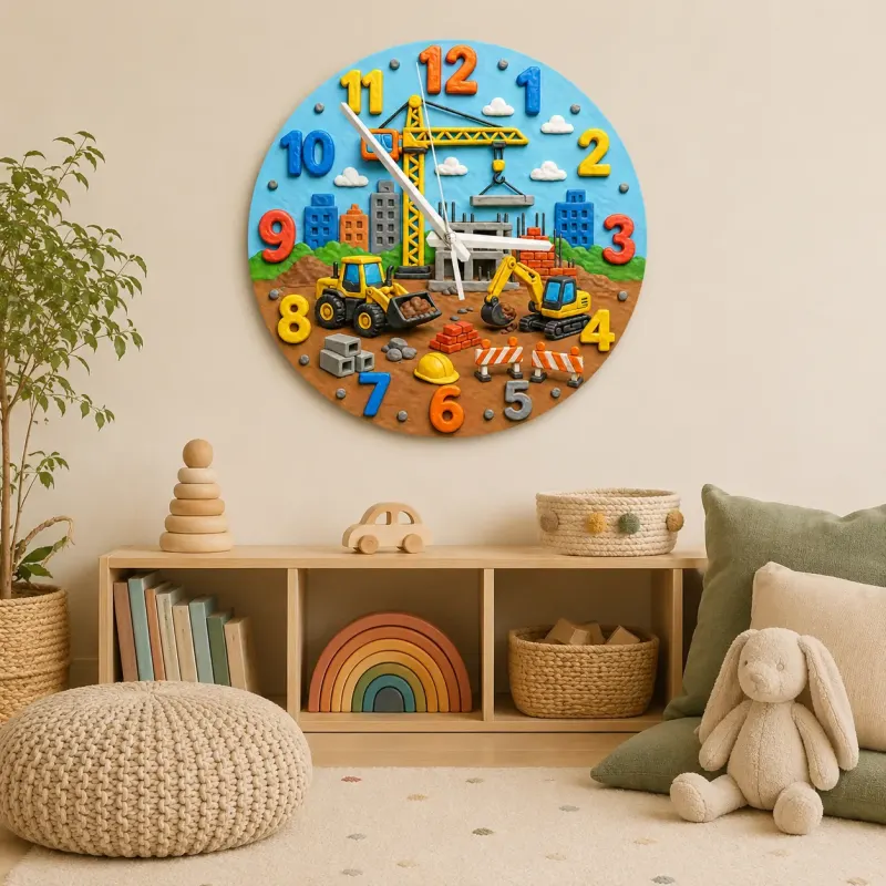 Construction Site Vehicles Kids Room Wall Clock | Boys Nursery Decor, Playroom Wall Art, Perfect Toddler Boy Gift Idea (13.6 inch / 34.5 cm)