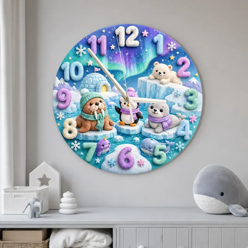Cute Arctic Animals Kids Room Wall Clock | Northern Lights Nursery Decor, Polar Bear & Penguin Baby Shower Gift Idea (13.6 inch / 34.5 cm)