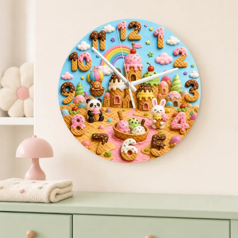 Panda Bunny Candy Castle Kids Room Wall Clock | Rainbow Nursery Decor, Sweet Baby Shower Gift (13.6 inch / 34.5 cm)