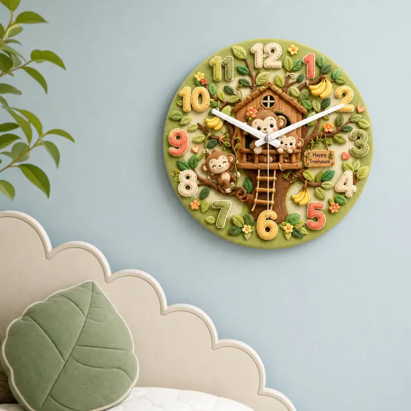Happy Monkey Treehouse Kids Room Wall Clock | Safari Jungle Nursery Decor, Baby Boy Shower Gift & Wood Playroom Art (13.6 inch / 34.5 cm)