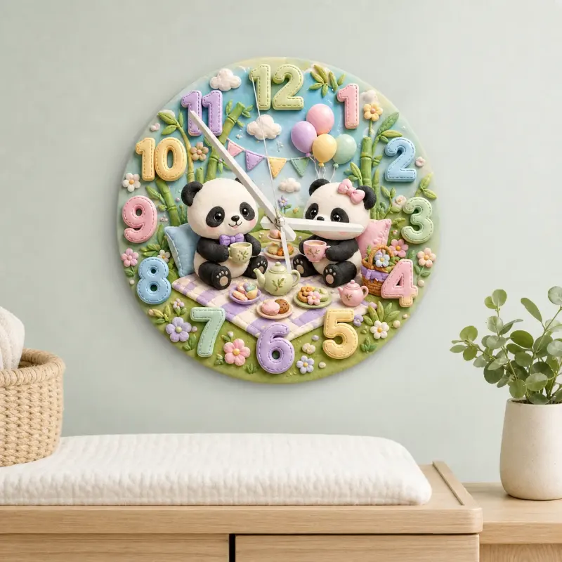 Whimsical Panda Tea Party Kids Room Wall Clock | Pastel Bamboo Nursery Decor, Baby Shower Birthday Keepsake Present (13.6 inch / 34.5 cm)