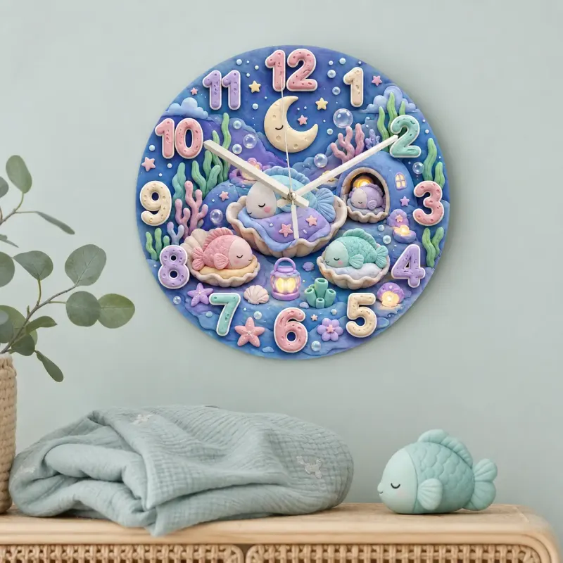 Sleeping Pastel Fish Kids Room Wall Clock | Dreamy Underwater Nursery Decor, Baby Girl Shower Gift & Room Makeover (13.6 inch / 34.5 cm)