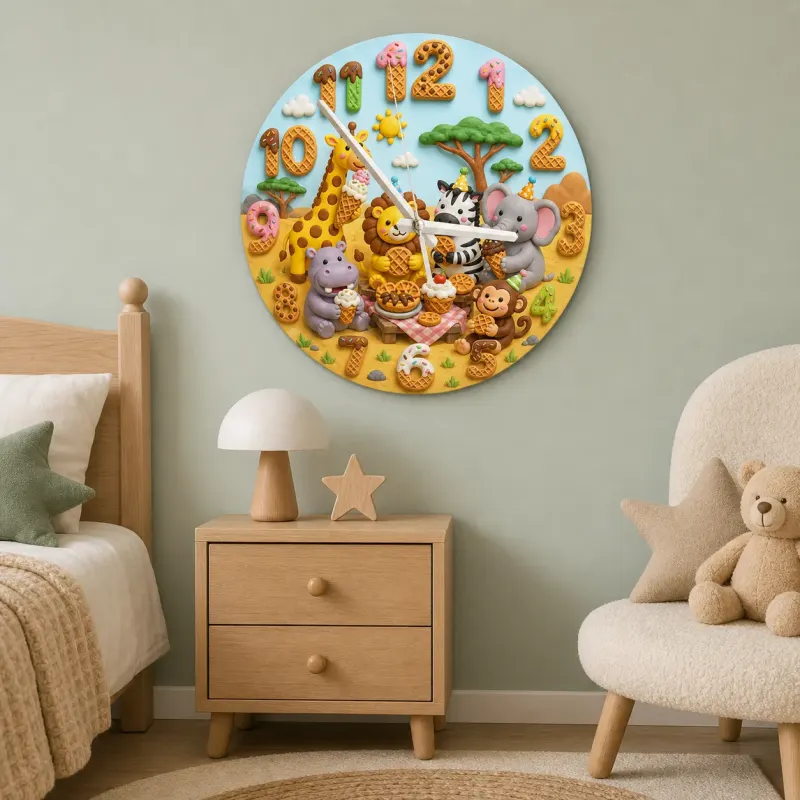 Safari Animals Waffle Kids Room Wall Clock | Jungle Nursery Decor, Baby Shower Gift For Boys Girls (13.6 inch / 34.5 cm)
